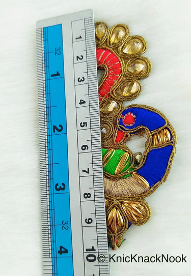 Cutwork Peacock Applique, Embroidered Peacock Applique with Bead Embellishments Blue, Green